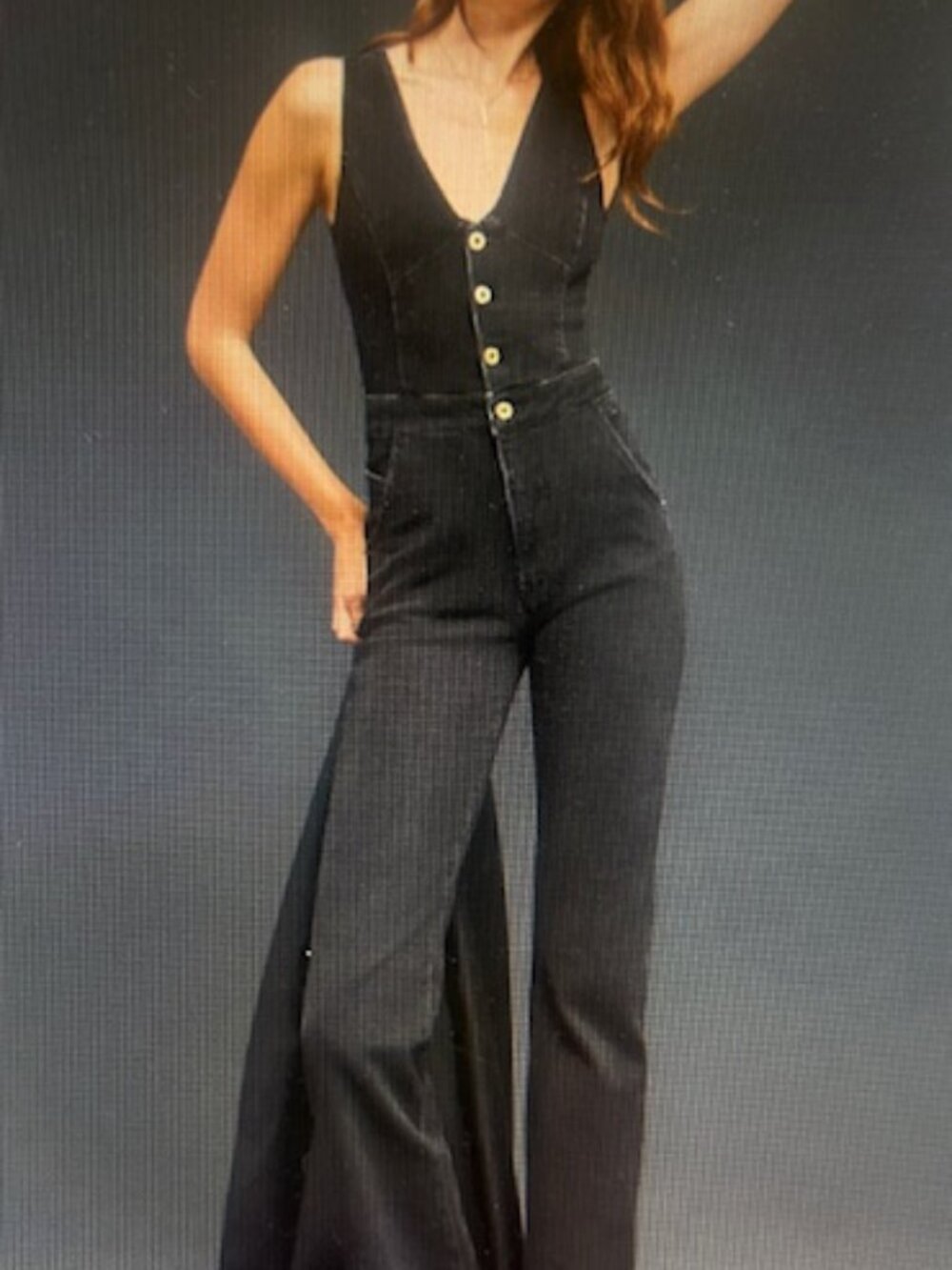 Anthropologie x Pilcro Rich Black Denim Button Down Fitted V Neck Jumpsuit NWT - Picture 1 of 16